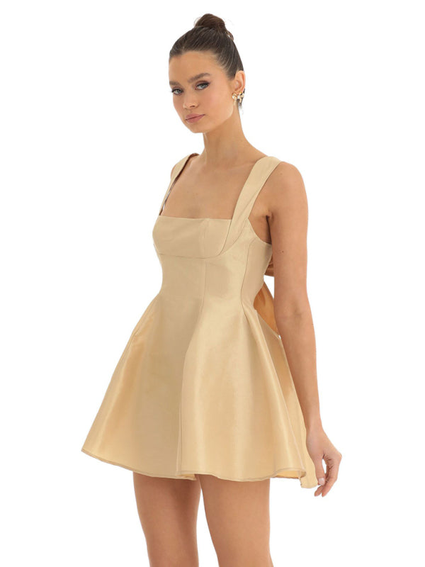 Blue Zone Planet | Ella's Backless Square Neck Bow Mini Prom Dress