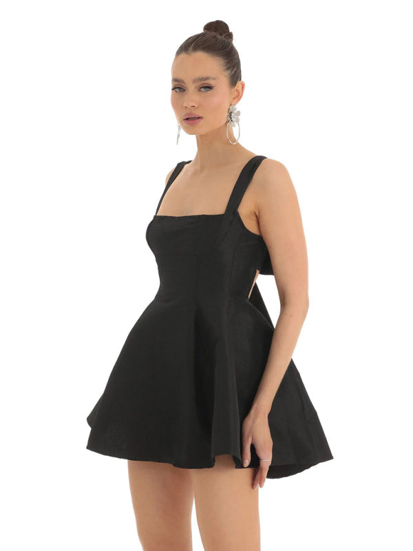 Blue Zone Planet | Ella's Backless Square Neck Bow Mini Prom Dress