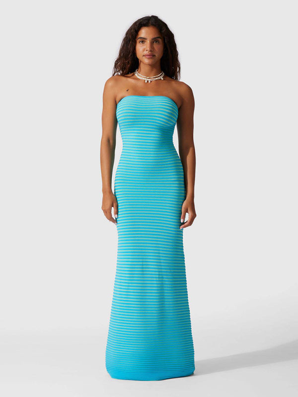 🌸💓Cindy's Tube Top Striped Knitted Bodycon Floor Length Dress