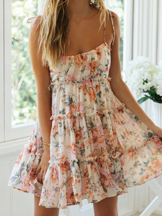 Blue Zone Planet | Keira's Floral Printed Spaghetti Strap Tiered Mini Dress