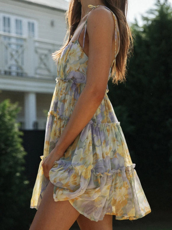 Blue Zone Planet | Keira's Floral Printed Spaghetti Strap Tiered Mini Dress