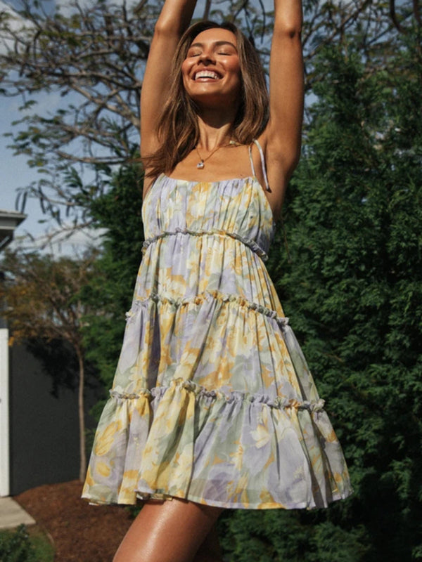 Blue Zone Planet | Keira's Floral Printed Spaghetti Strap Tiered Mini Dress