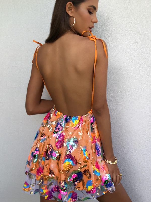 Blue Zone Planet | Dina's Deep V Backless Sequin Floral Strappy Short Mini Dress