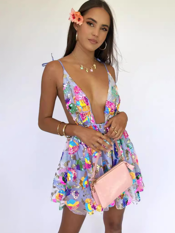 Blue Zone Planet | Dina's Deep V Backless Sequin Floral Strappy Short Mini Dress