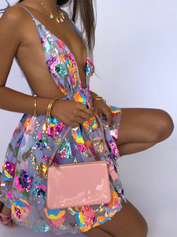 Blue Zone Planet | Dina's Deep V Backless Sequin Floral Strappy Short Mini Dress