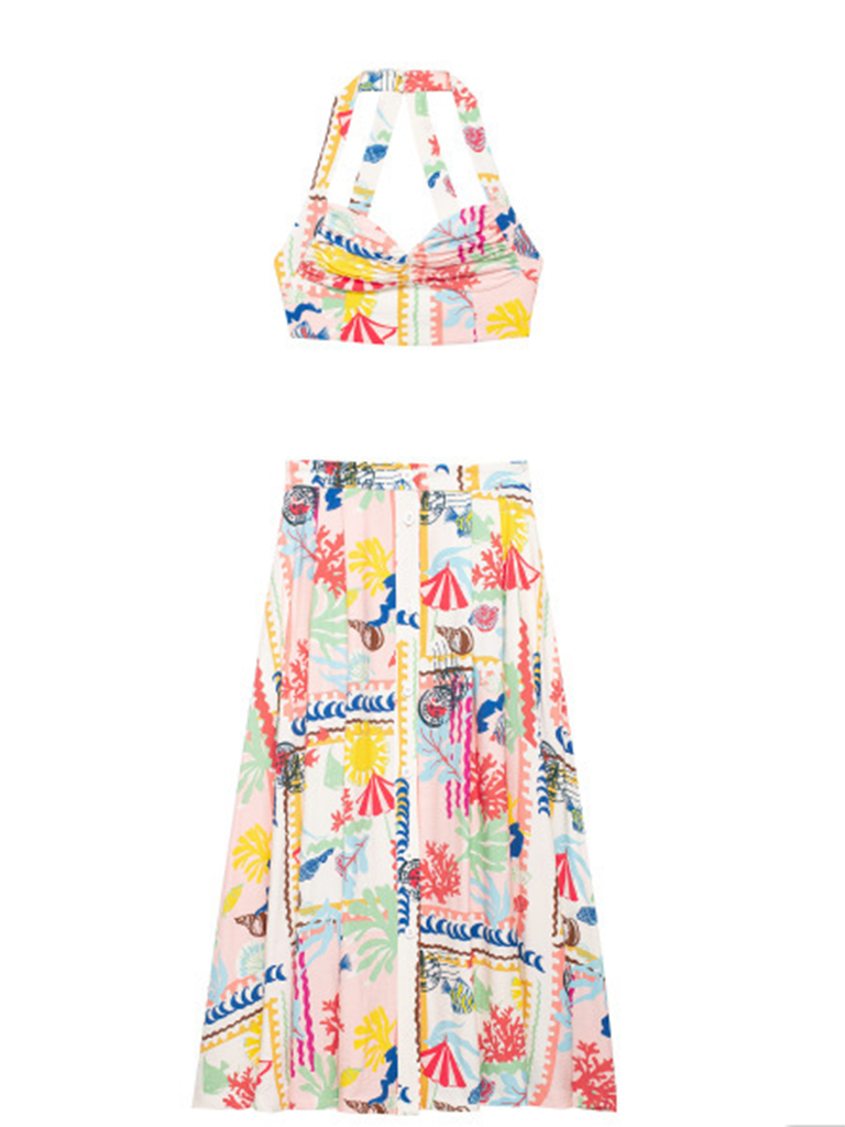 Nina's Resort Patchwork Print Top And Skirt 2 Piece Set